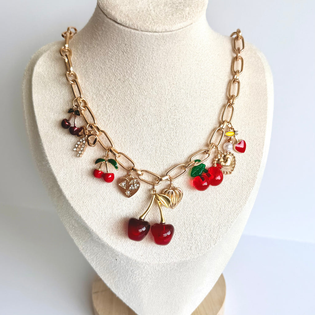 Chloe – Cherry Charm Statement Necklace 🍒❤️✨