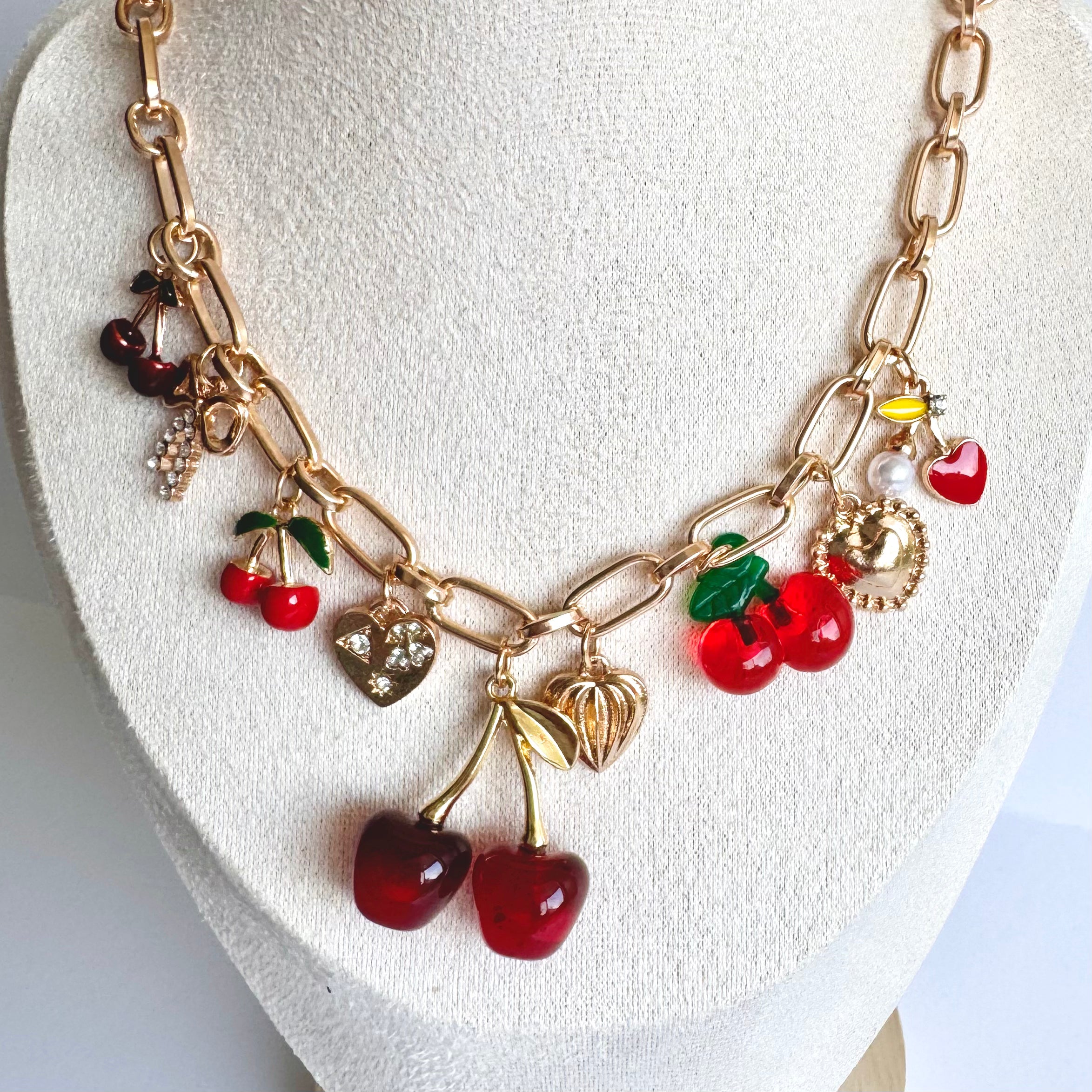 Chloe – Cherry Charm Statement Necklace 🍒❤️✨
